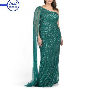 TERANI Emerald One Shoulder Beaded Gown With Cape Detail